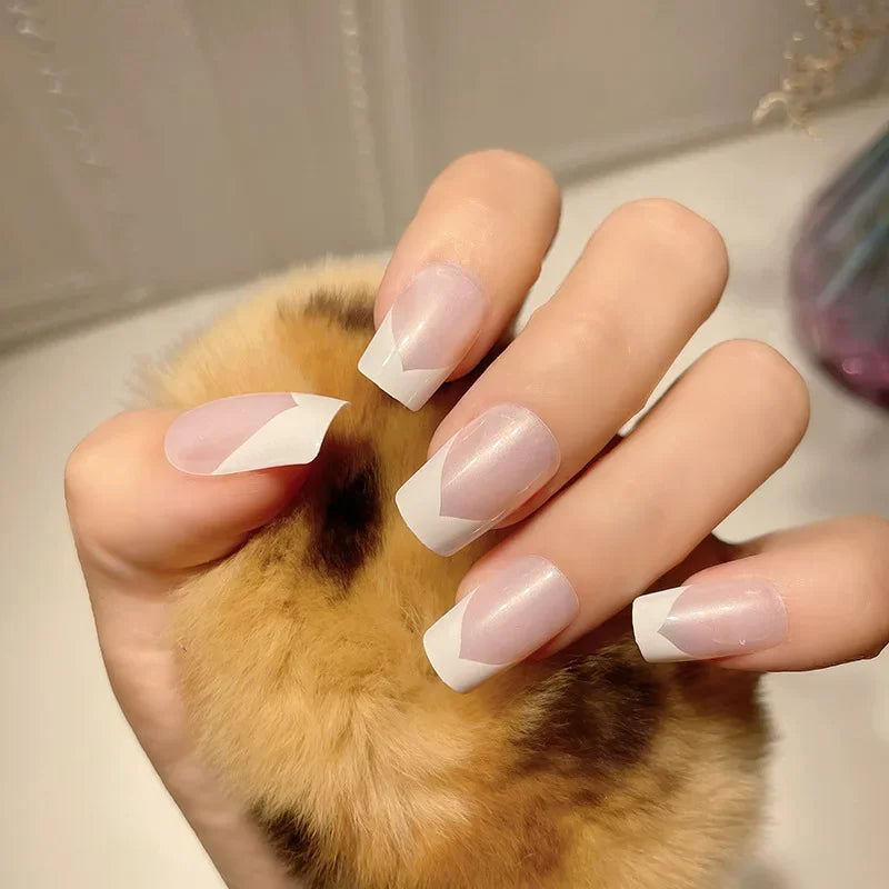 24Pcs/Set Medium Long Halo French Artificial Press on Nail Adhesive Full Coverage Fake Nails Removable Wearing False Nails Tips