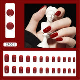 24pcs/Set Gorgeous Wine Red False Nails With Glue Middle Long Round Head Full Nail Tips Finished Fake Nail artificial nails
