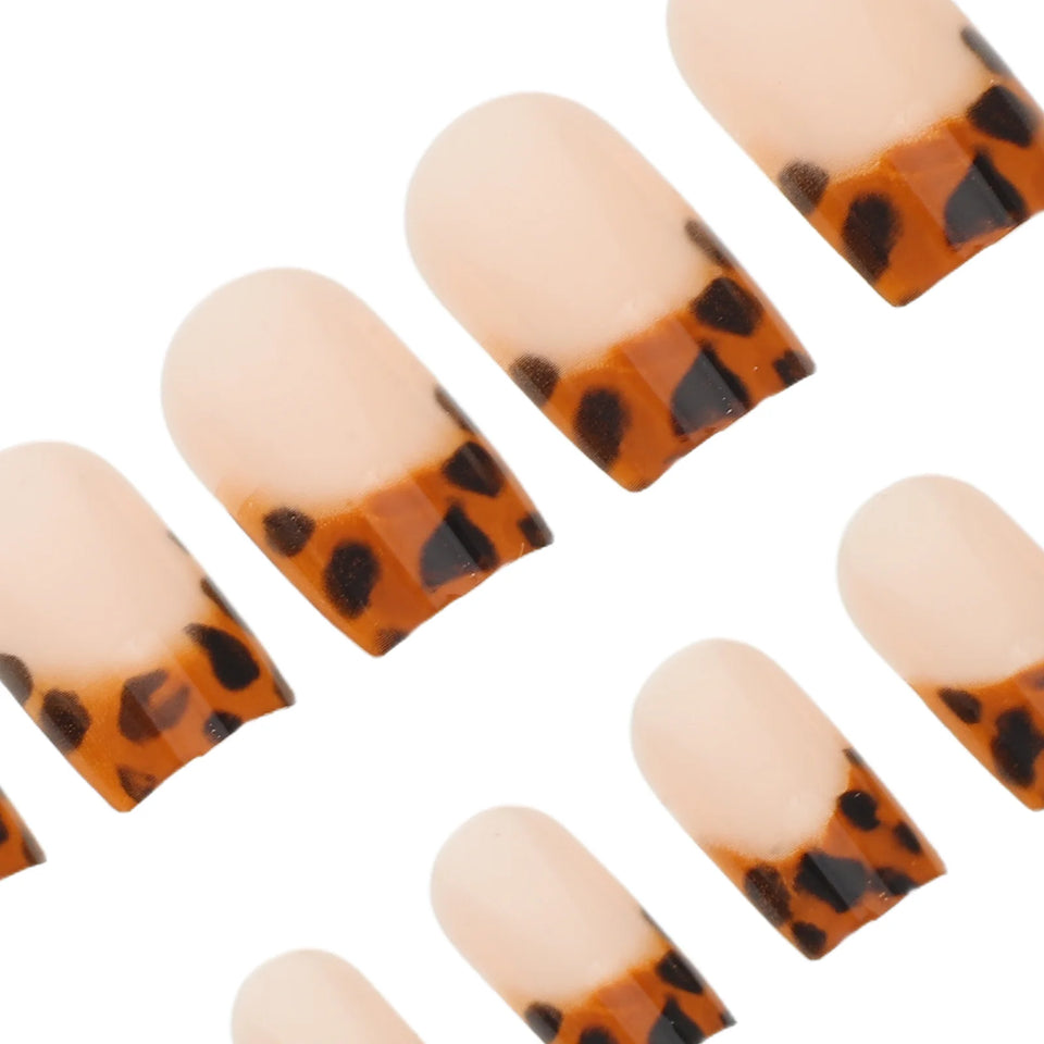 24pcs Leopard Print Press On Nails Full Cover Medium Length Stick On Artificial Fingernails For Women Easy Removable Manicure