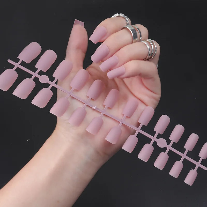 24Pcs/Set Matte False Nails Glue Square Head Frosted Press On Fake Nail Tips Full Cover Artificial Fingernails Ballet Detachable