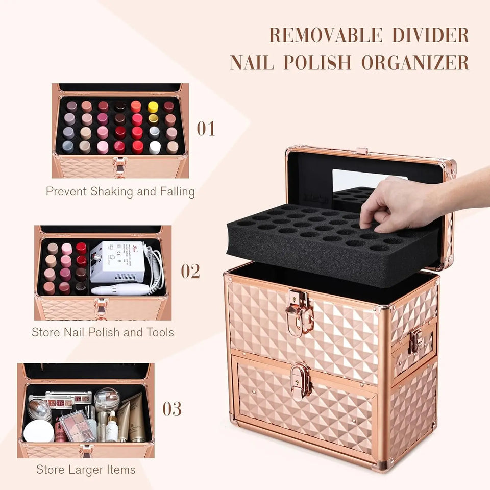 Professional Makeup Organizer Case with Drawer, Mirror, and Dividers for Travel Cosmetics and Nail Tech Kits