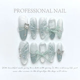 10Pcs Cat Eye Press on Nails French False Nails Wearable Handmade Nail Fake with Diamond Artificial Nail Elegant Full Cover Nail