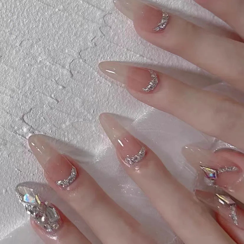 10Pcs Cat Eye Press on Nails French False Nails Wearable Handmade Nail Fake with Diamond Artificial Nail Elegant Full Cover Nail