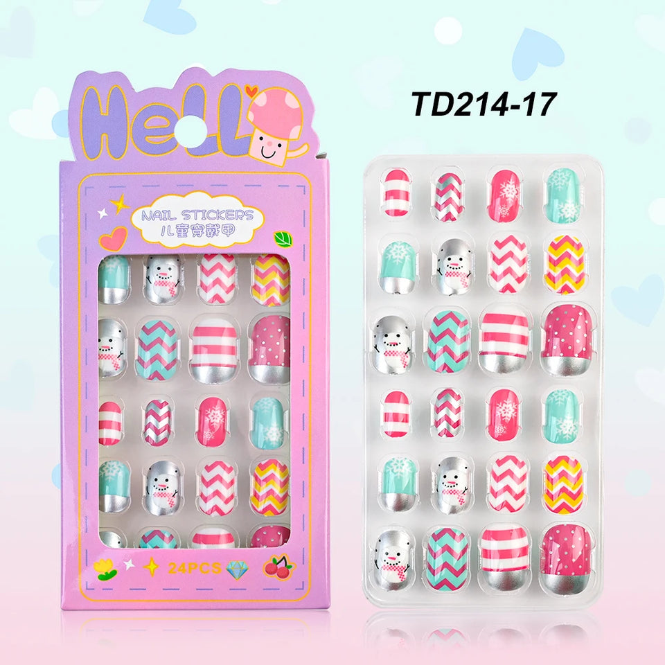 24 Pcs/box Children Cartoon Nail Tips Colorful Artificial Fake Nails for Cute Kids Girls Full Cover Short False Nail Art Kits*