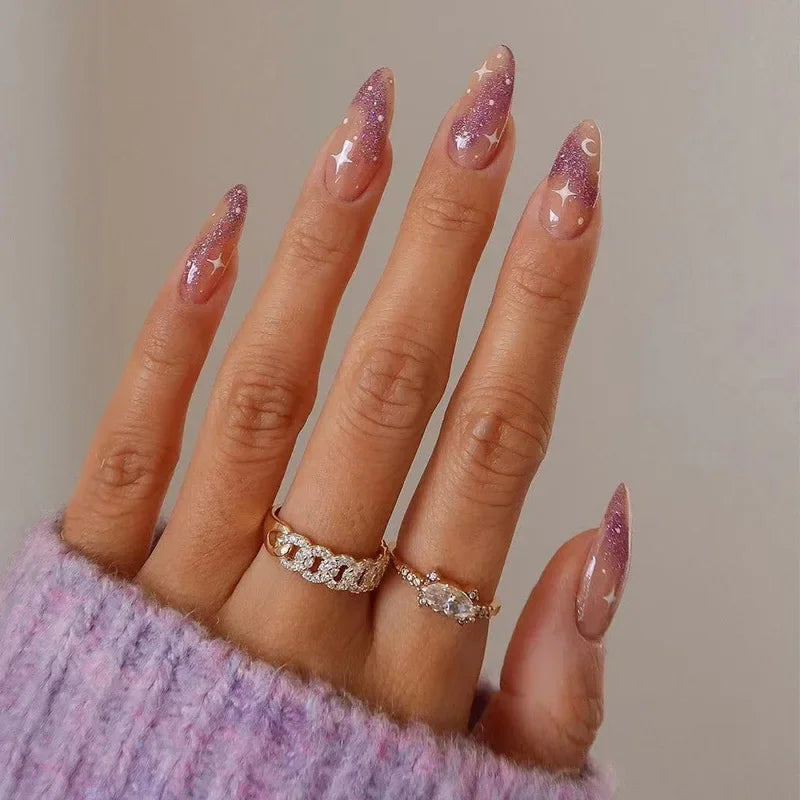 24Pcs/Set Medium Long Halo French Artificial Press on Nail Adhesive Full Coverage Fake Nails Removable Wearing False Nails Tips
