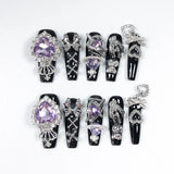 10pcs Y2K Hot Girl Handmade Fake Nails in Black and Red with Gems and Metal Accessories Mine girl Wearable Artificial False Nail