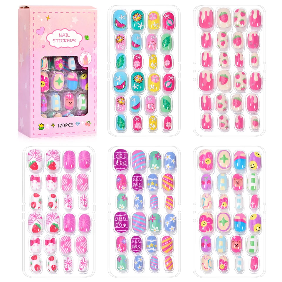 24 Pcs/box Children Cartoon Nail Tips Colorful Artificial Fake Nails for Cute Kids Girls Full Cover Short False Nail Art Kits*