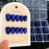 30/144Pcs Glossy Dark Blue Cat Eye False Nails Sparkly  Medium Oval Blue Press On Nails Artificial Full Cover Finger Fake Nails