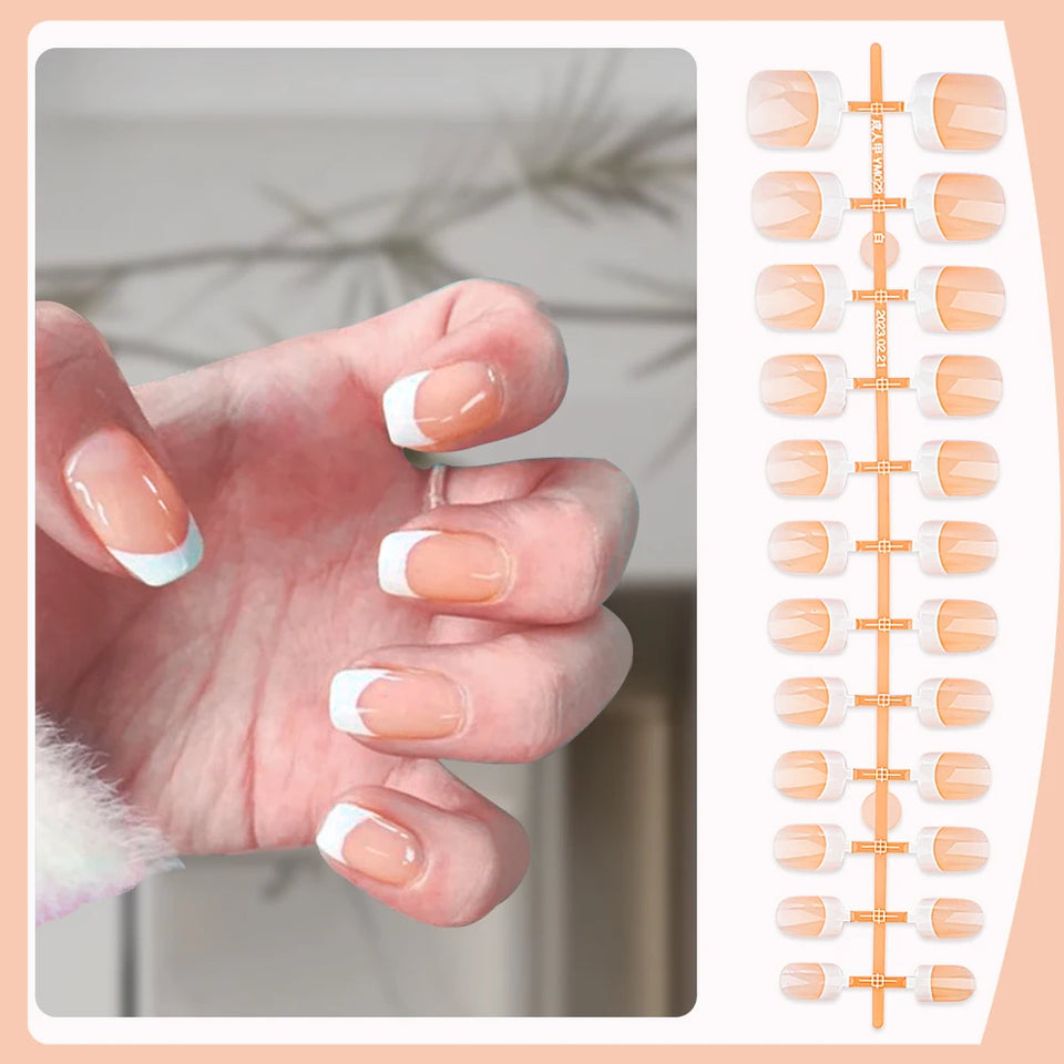 120pcs French Tip Press-On Nails Set Glossy Nude & White Short Square Acrylic Fake Nails Full Cover Brightening Fingernails Tips