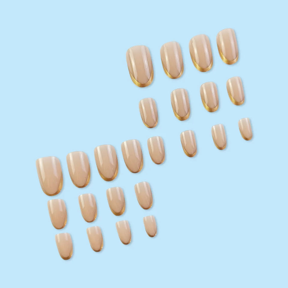 Short Medium Press On Nails Gold French Tip Minimalist Elegant False Nails Full Cover Glue on Artificial Nails for Women Daily
