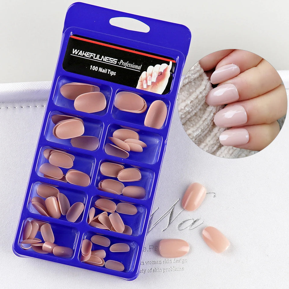 100Pcs Dark Blue Oval Fake Nails Short Acrylic Press On Nails Full Cover False Nail Art Tips Manicure Artificial Nail Tools