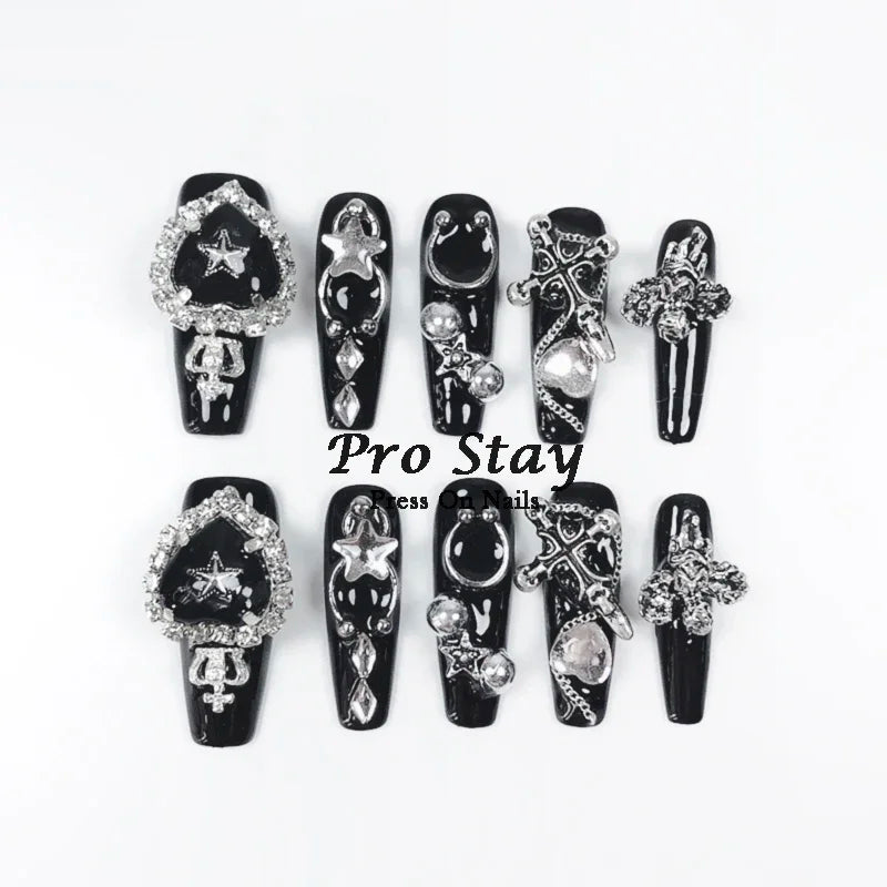 10pcs Y2K Hot Girl Handmade Fake Nails in Black and Red with Gems and Metal Accessories Mine girl Wearable Artificial False Nail