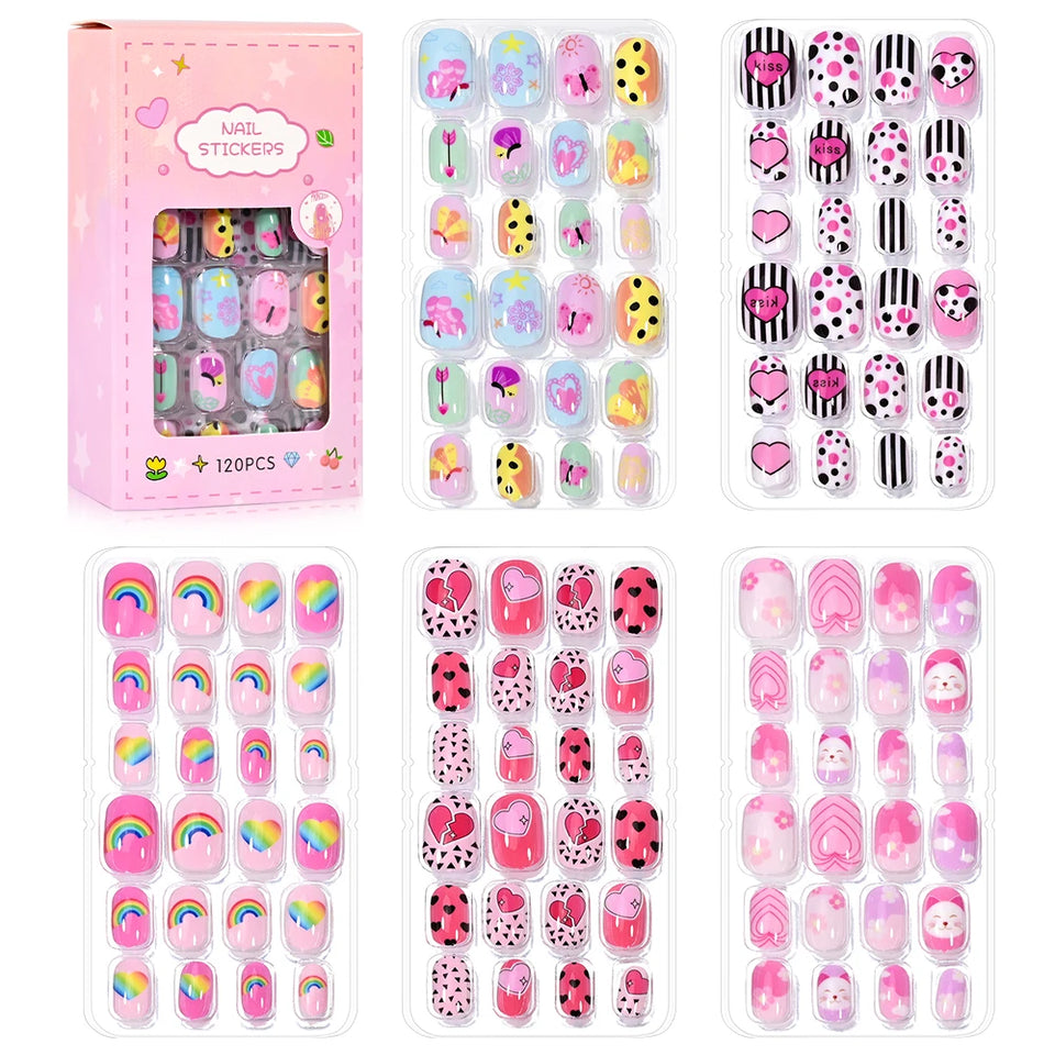 24 Pcs/box Children Cartoon Nail Tips Colorful Artificial Fake Nails for Cute Kids Girls Full Cover Short False Nail Art Kits*