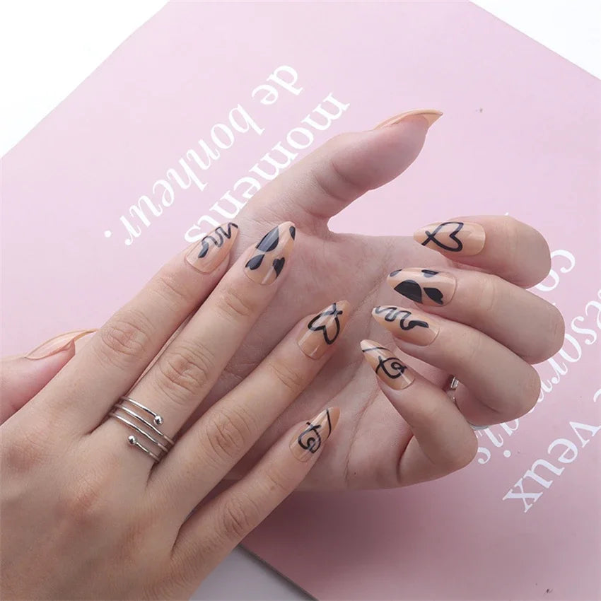 24Pcs/Set Medium Long Halo French Artificial Press on Nail Adhesive Full Coverage Fake Nails Removable Wearing False Nails Tips
