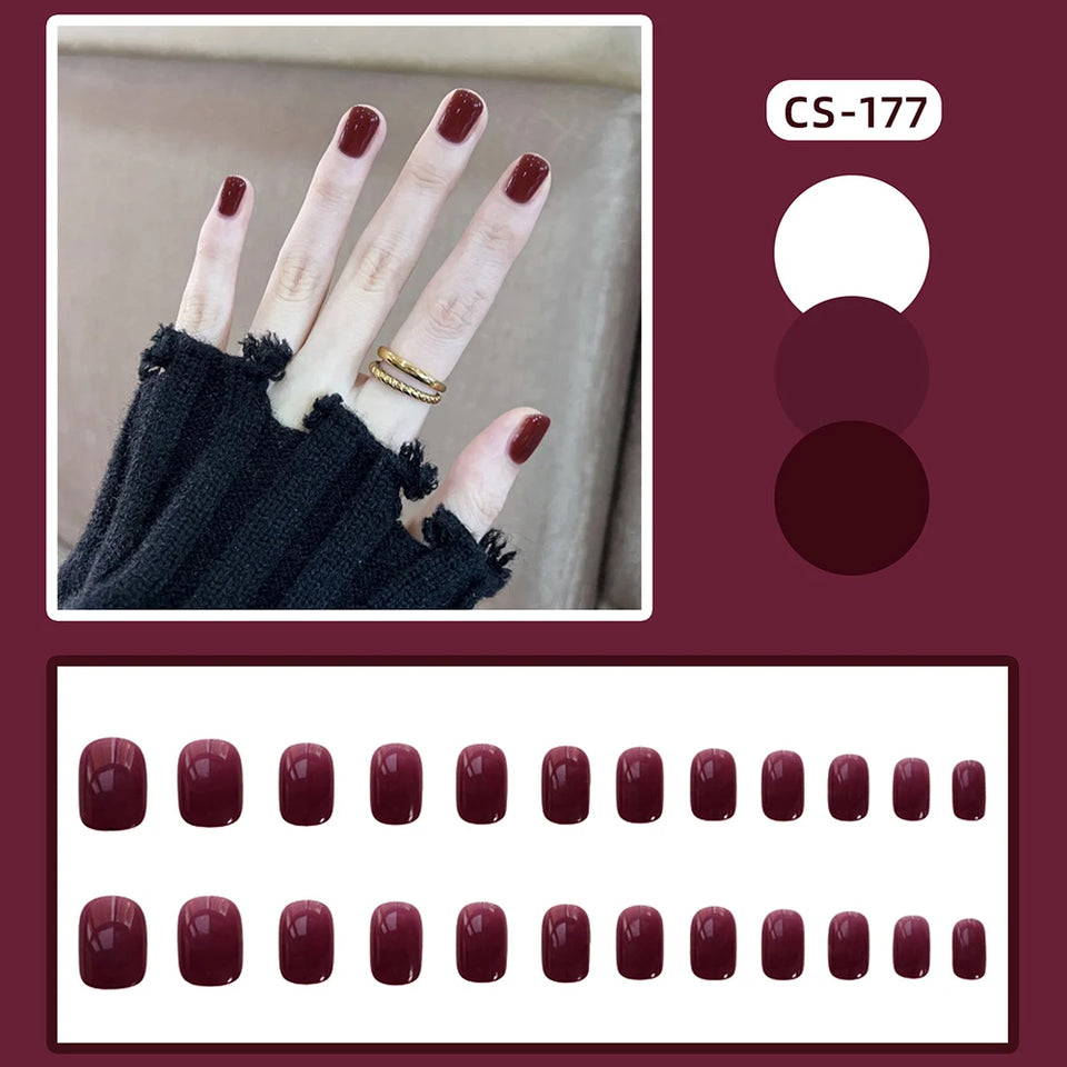 24pcs/Set Gorgeous Wine Red False Nails With Glue Middle Long Round Head Full Nail Tips Finished Fake Nail artificial nails