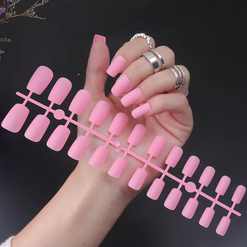 24Pcs/Set Matte False Nails Glue Square Head Frosted Press On Fake Nail Tips Full Cover Artificial Fingernails Ballet Detachable