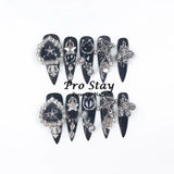 10pcs Y2K Hot Girl Handmade Fake Nails in Black and Red with Gems and Metal Accessories Mine girl Wearable Artificial False Nail