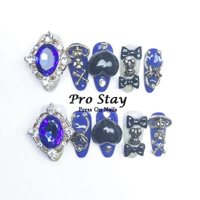 10pcs Y2K Hot Girl Handmade Fake Nails in Black and Red with Gems and Metal Accessories Mine girl Wearable Artificial False Nail