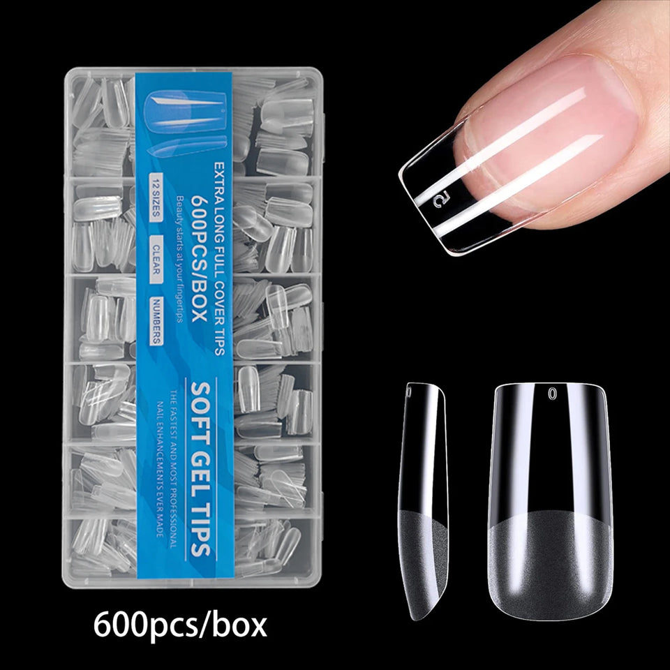 120/240/330/600pcs Medium Square Fake Nails - Clear Press-On Nails with Removable Gel Tips, Full Coverage Artificial Nails for S
