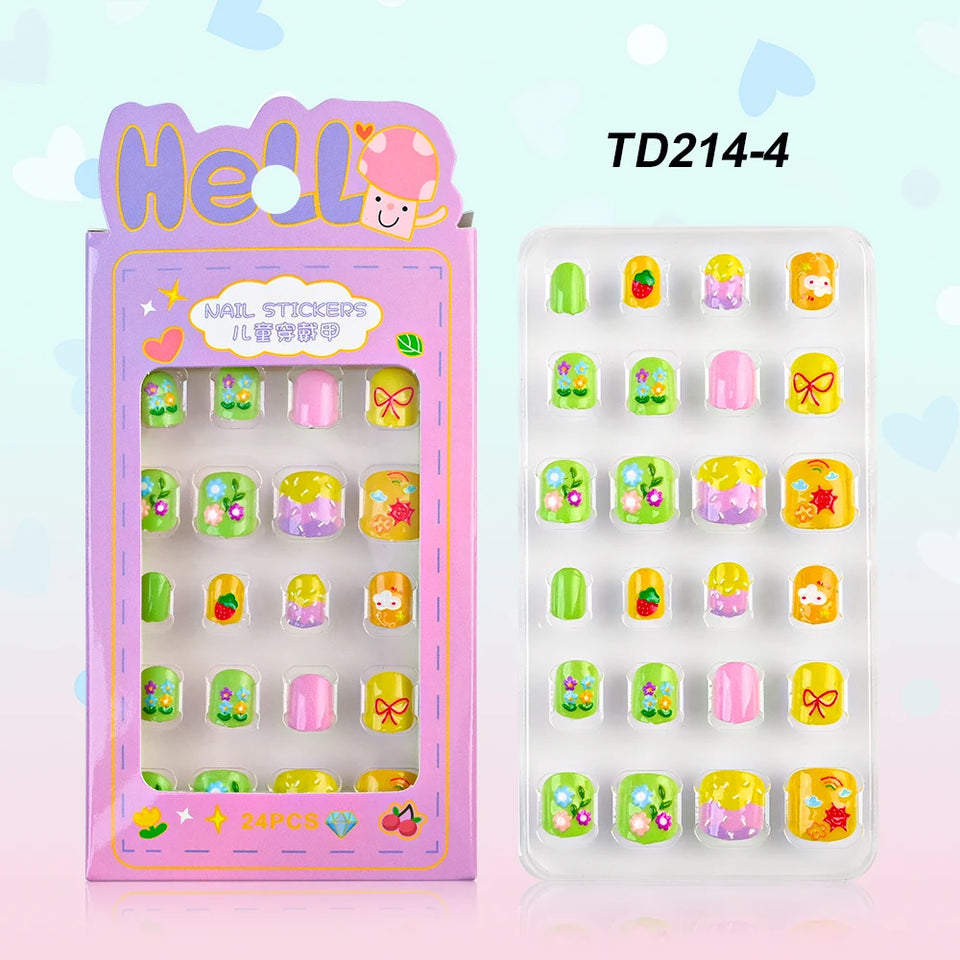 24 Pcs/box Children Cartoon Nail Tips Colorful Artificial Fake Nails for Cute Kids Girls Full Cover Short False Nail Art Kits*