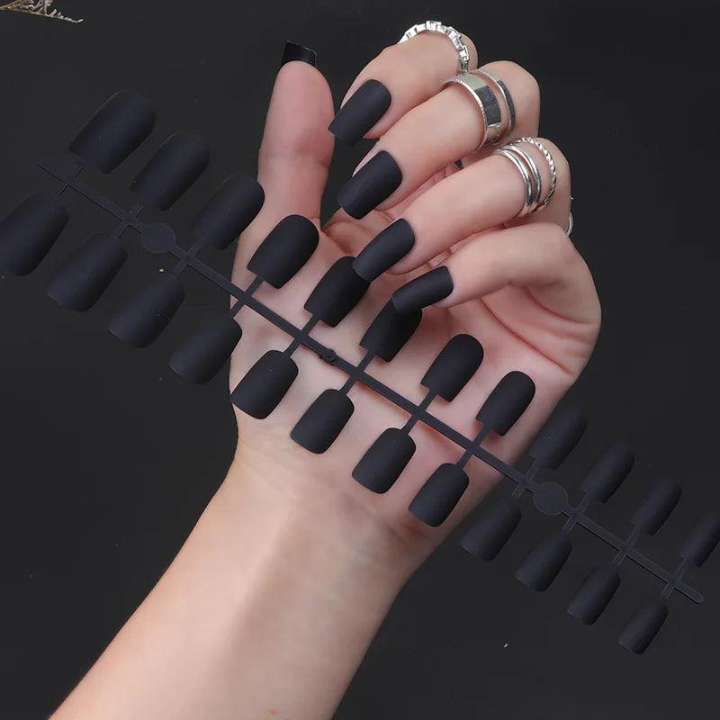 24Pcs/Set Matte False Nails Glue Square Head Frosted Press On Fake Nail Tips Full Cover Artificial Fingernails Ballet Detachable