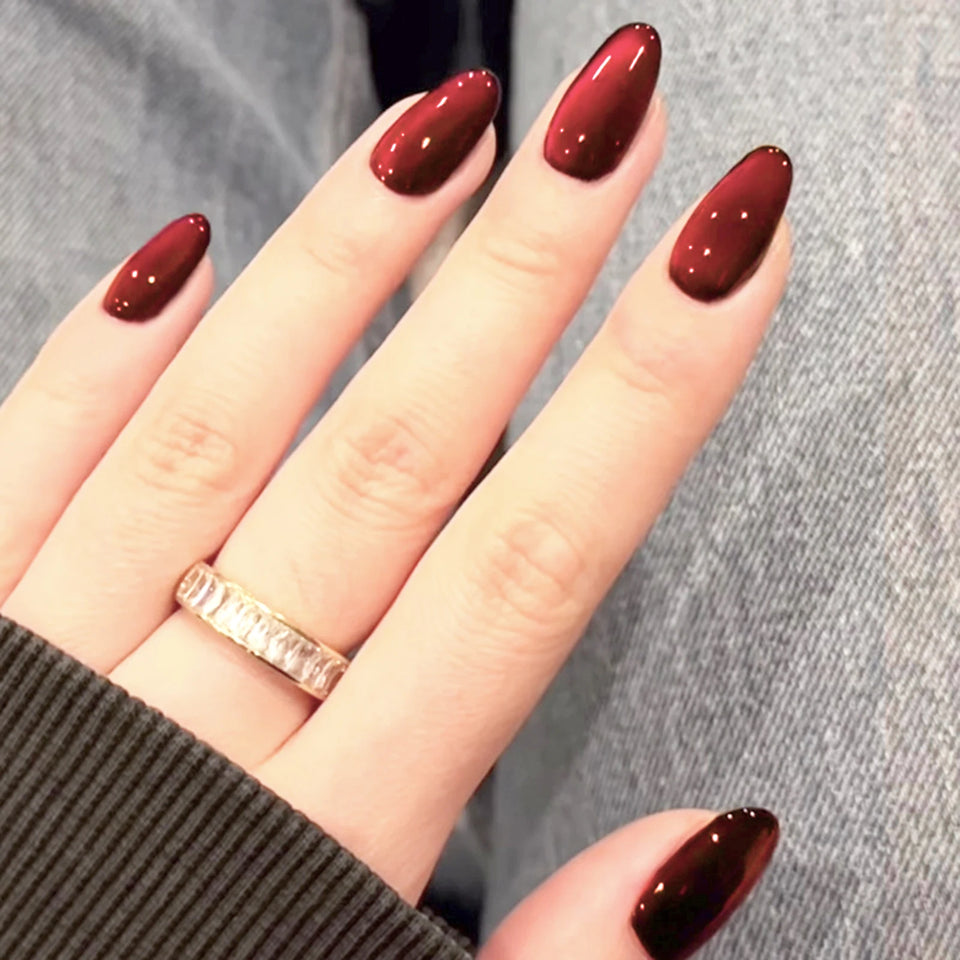 Cherry Red Press on Nails 24Pcs Solid Color Wearable Fake Nails Glossy Artificial Finger Manicure Reusable False Nails for Women