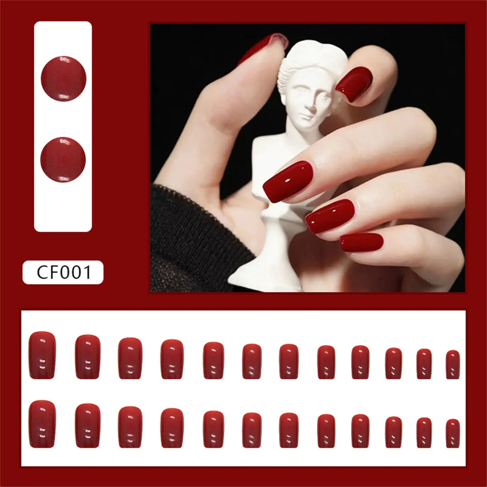 24pcs/Set Gorgeous Wine Red False Nails With Glue Middle Long Round Head Full Nail Tips Finished Fake Nail artificial nails