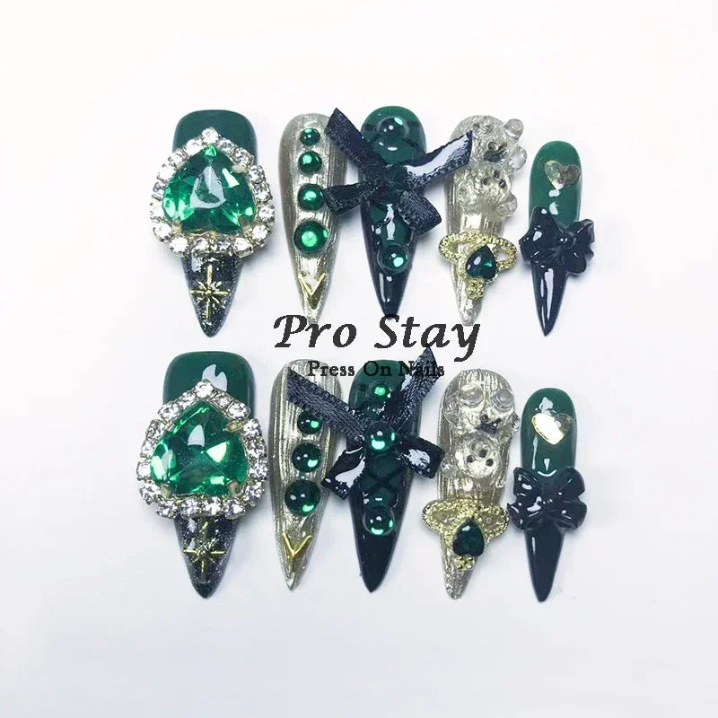 10pcs Y2K Hot Girl Handmade Fake Nails in Black and Red with Gems and Metal Accessories Mine girl Wearable Artificial False Nail