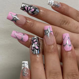 24Pcs/Set Medium Long Halo French Artificial Press on Nail Adhesive Full Coverage Fake Nails Removable Wearing False Nails Tips