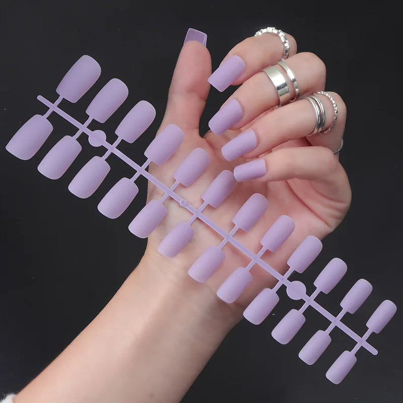 24Pcs/Set Matte False Nails Glue Square Head Frosted Press On Fake Nail Tips Full Cover Artificial Fingernails Ballet Detachable