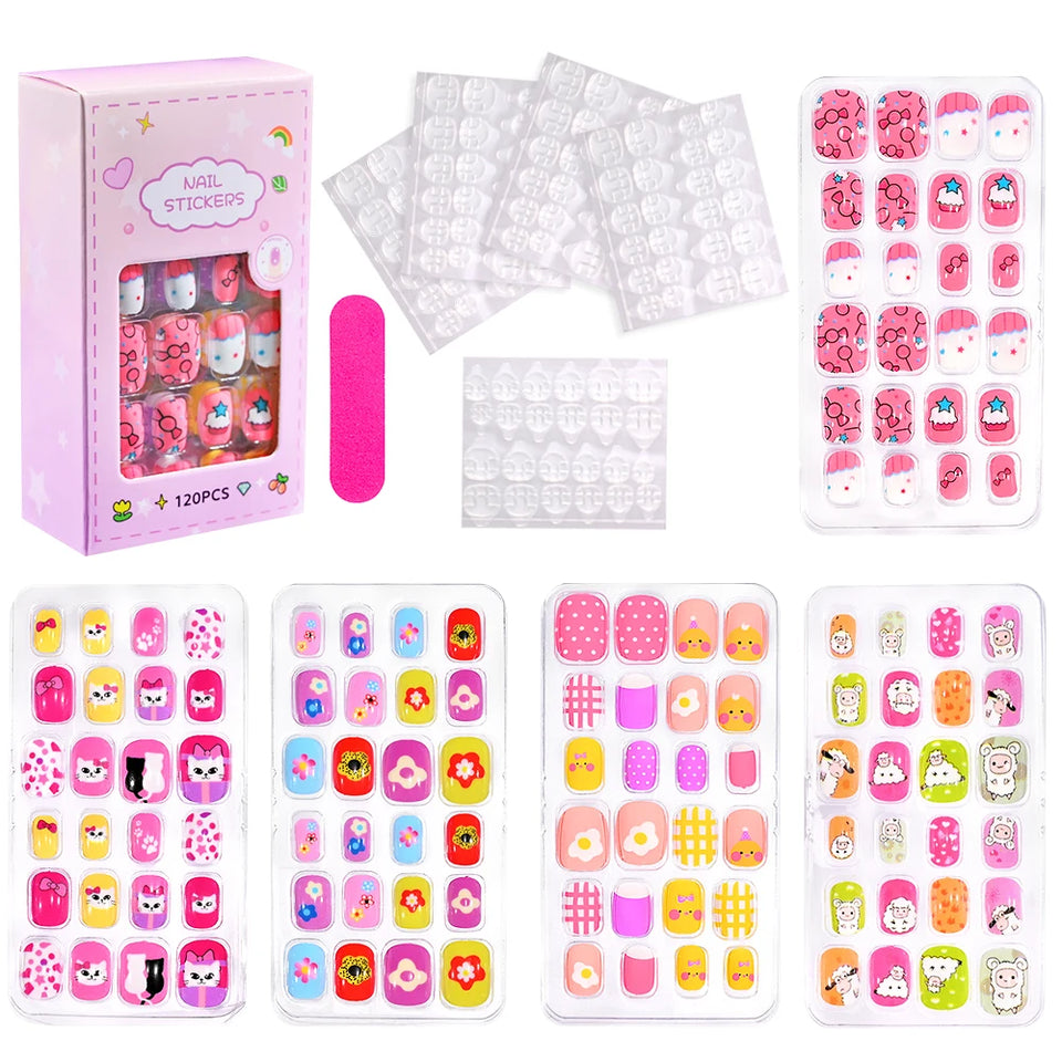 24 Pcs/box Children Cartoon Nail Tips Colorful Artificial Fake Nails for Cute Kids Girls Full Cover Short False Nail Art Kits*