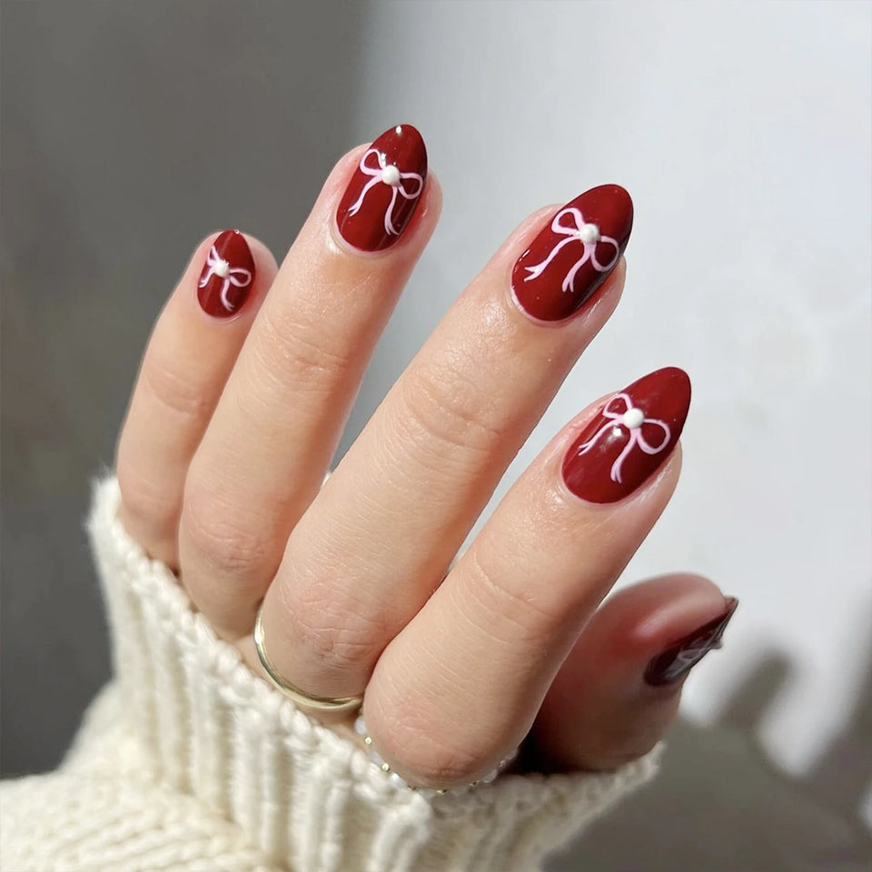 Cherry Red Press on Nails 24Pcs Solid Color Wearable Fake Nails Glossy Artificial Finger Manicure Reusable False Nails for Women