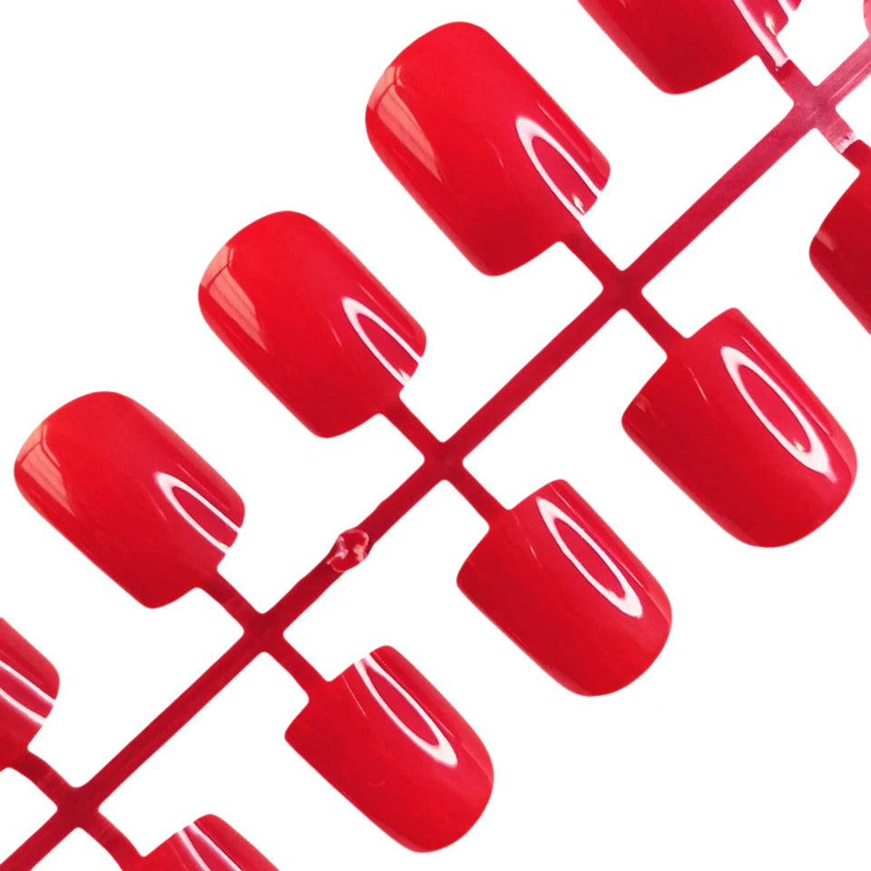 48Pcs Shiny Red Fake Nails With Jelly Glue Short Square Artificial Press On False Nail Full Cover Finger Tip Manicure Tool