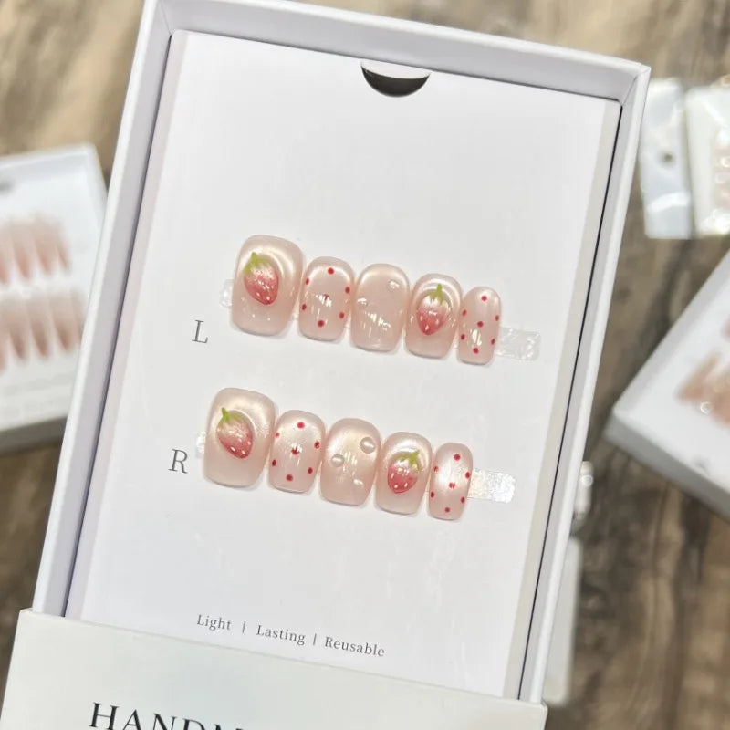 10pcs Handmade False Nails Short Artificial Fingernails Fake Nails Cute 3d Strawberry Manicure Press on Nails with Charms 2025