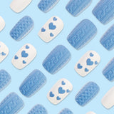 Valentine's Day False Nails with Glue Blue Heart Press on Nails 3d Fake Nails Matte Artificial Finger Manicure Reusable Nails