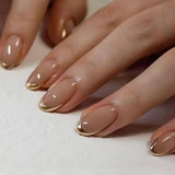 Short Medium Press On Nails Gold French Tip Minimalist Elegant False Nails Full Cover Glue on Artificial Nails for Women Daily