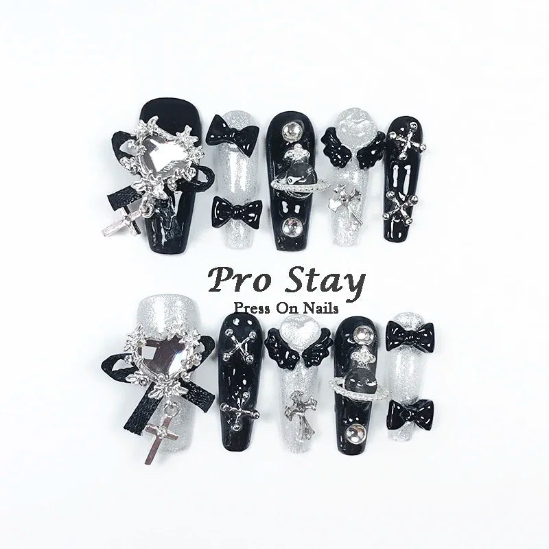 10pcs Y2K Hot Girl Handmade Fake Nails in Black and Red with Gems and Metal Accessories Mine girl Wearable Artificial False Nail