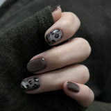 24pcs Dark Gray Leopard Print Cat Eyes Press on Nail Short Ellipse Artificial Fake Nails Seamless Removable False Nail