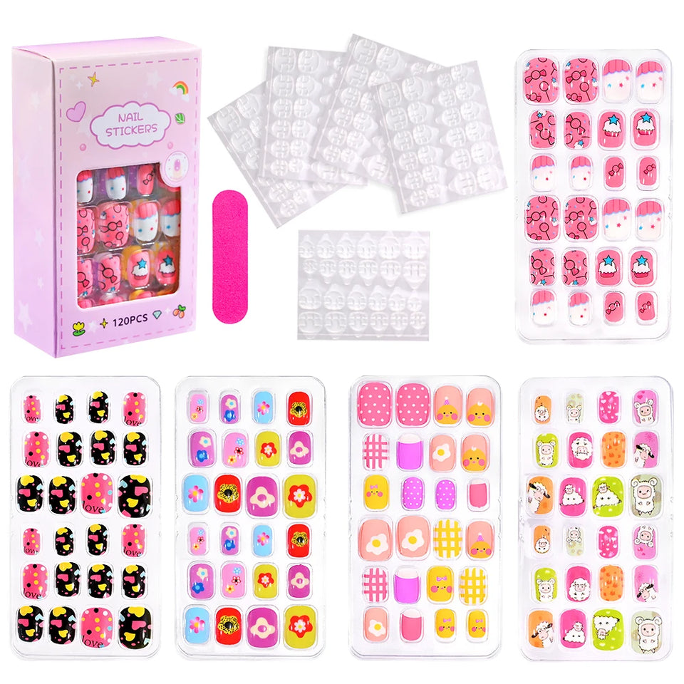 24 Pcs/box Children Cartoon Nail Tips Colorful Artificial Fake Nails for Cute Kids Girls Full Cover Short False Nail Art Kits*