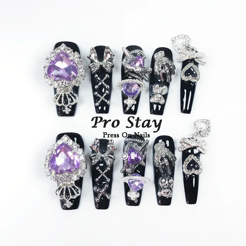 10pcs Y2K Hot Girl Handmade Fake Nails in Black and Red with Gems and Metal Accessories Mine girl Wearable Artificial False Nail