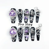 10pcs Y2K Hot Girl Handmade Fake Nails in Black and Red with Gems and Metal Accessories Mine girl Wearable Artificial False Nail