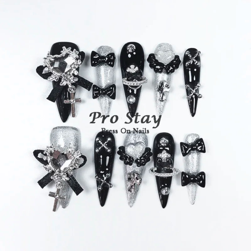 10pcs Y2K Hot Girl Handmade Fake Nails in Black and Red with Gems and Metal Accessories Mine girl Wearable Artificial False Nail