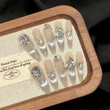 10Pcs Cat Eye Press on Nails French False Nails Wearable Handmade Nail Fake with Diamond Artificial Nail Elegant Full Cover Nail