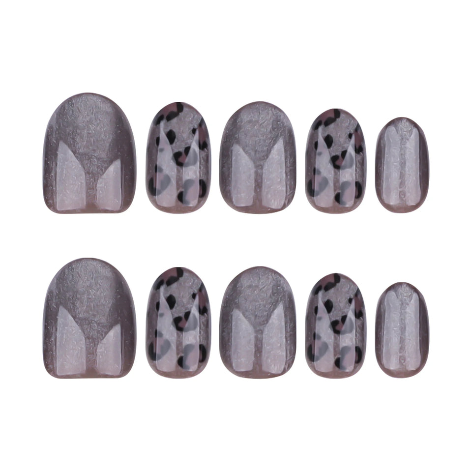 24pcs Dark Gray Leopard Print Cat Eyes Press on Nail Short Ellipse Artificial Fake Nails Seamless Removable False Nail