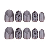 24pcs Dark Gray Leopard Print Cat Eyes Press on Nail Short Ellipse Artificial Fake Nails Seamless Removable False Nail