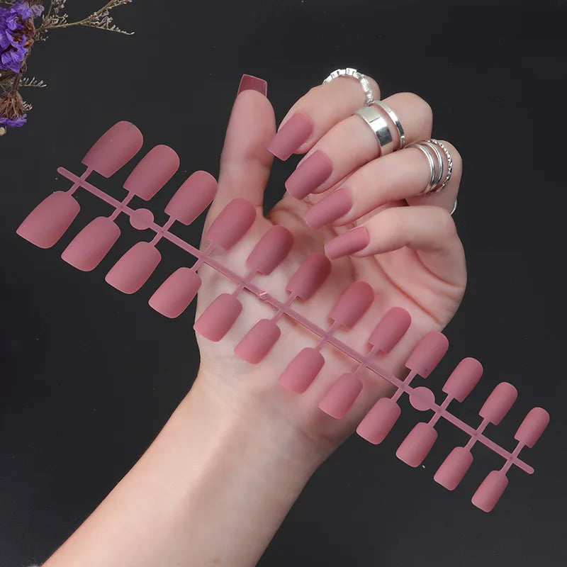 24Pcs/Set Matte False Nails Glue Square Head Frosted Press On Fake Nail Tips Full Cover Artificial Fingernails Ballet Detachable