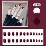 24pcs/Set Gorgeous Wine Red False Nails With Glue Middle Long Round Head Full Nail Tips Finished Fake Nail artificial nails