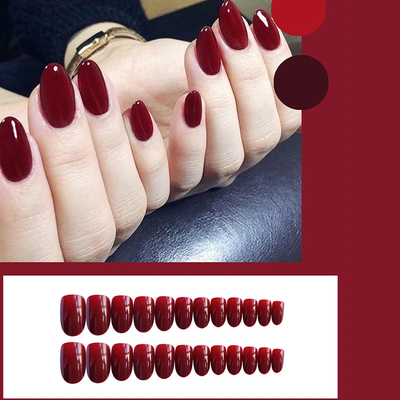 24pcs/Set Gorgeous Wine Red False Nails With Glue Middle Long Round Head Full Nail Tips Finished Fake Nail artificial nails