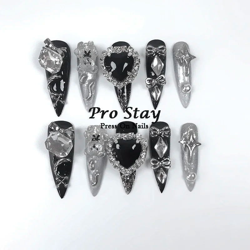 10pcs Y2K Hot Girl Handmade Fake Nails in Black and Red with Gems and Metal Accessories Mine girl Wearable Artificial False Nail