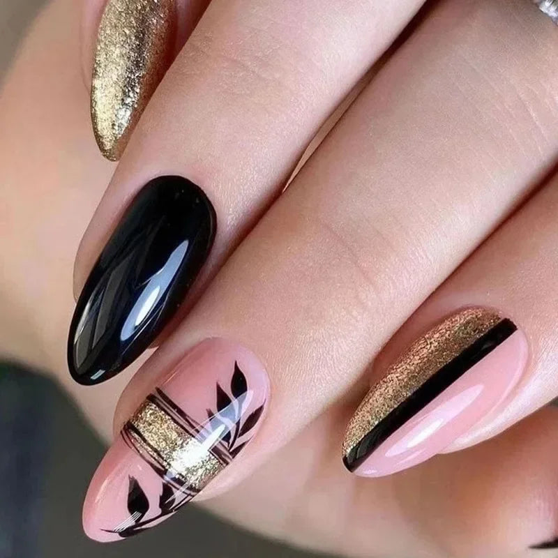 24Pcs/Set Medium Long Halo French Artificial Press on Nail Adhesive Full Coverage Fake Nails Removable Wearing False Nails Tips